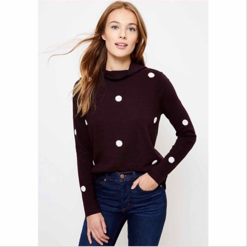 LOFT Dotted Mock Neck‎ Sweatshirt Size Large Plum Purple Polka Dots Fall Autumn